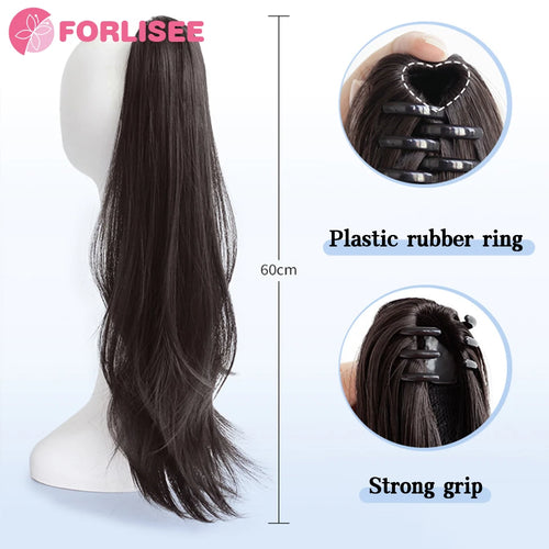 alt="FORLISEE synthetic grab clip ponytail extension 60cm natural black straight hairpiece"
