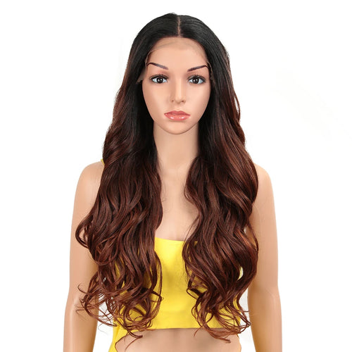 alt="Long wavy cosplay wig 30 inch synthetic lace with baby hair ombre blonde brown"
