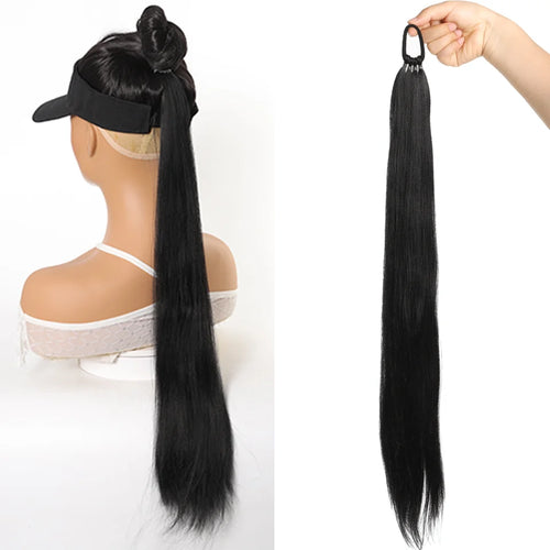 28-Inch Straight Synthetic Ponytail Extension – Elastic Hair Rope Wrap for Women