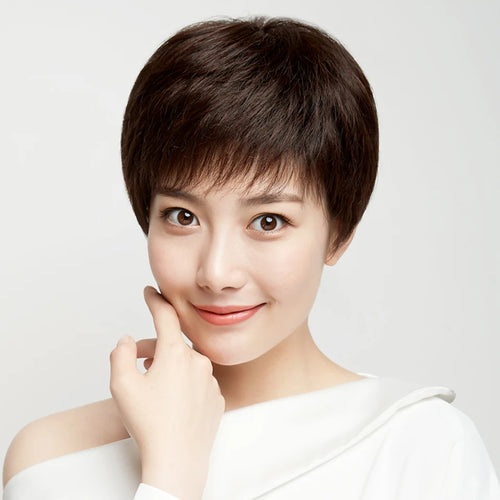 PAGEUP Short Hair Wig Natural Black With Bangs Soft And Realistic Hair Natural Fluffy Middle-aged And Elderly Ladies Mother Wig