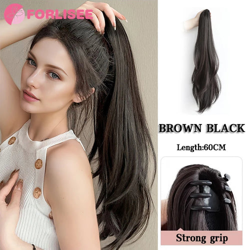 alt="FORLISEE synthetic grab clip ponytail extension 60cm natural black straight hairpiece"