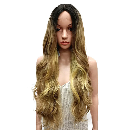 alt="Long wavy cosplay wig 30 inch synthetic lace with baby hair ombre blonde brown"