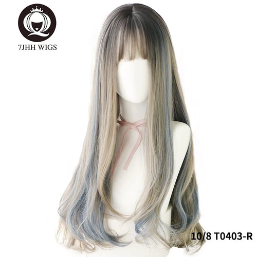 alt="7JHH long straight layered lolita wig with bangs in blue brown black ombre purple"