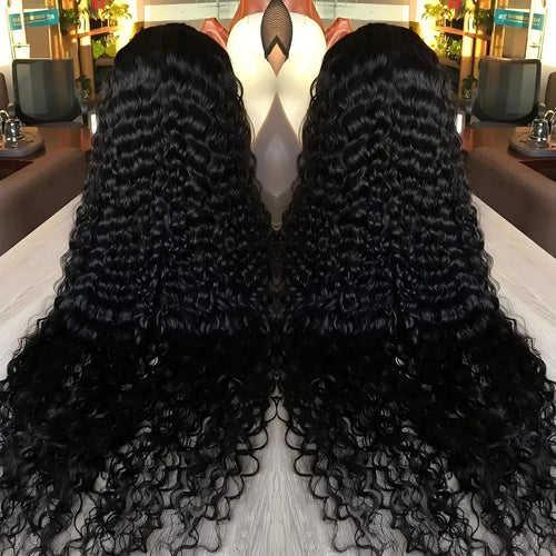 alt="13x6 deep wave human hair wig 32 inch pre-plucked natural color 200% density curly style"