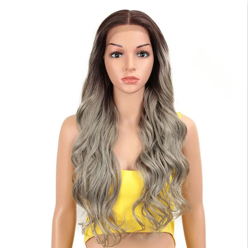 alt="Long wavy cosplay wig 30 inch synthetic lace with baby hair ombre blonde brown"