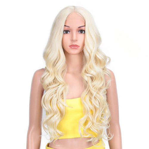 alt="Long wavy cosplay wig 30 inch synthetic lace with baby hair ombre blonde brown"
