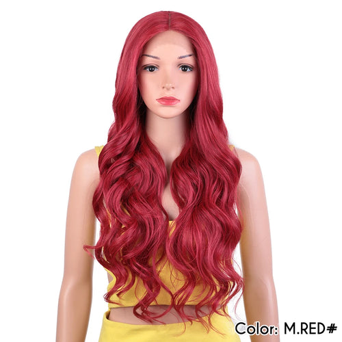 alt="Long wavy cosplay wig 30 inch synthetic lace with baby hair ombre blonde brown"