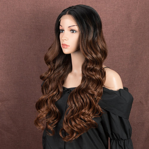 alt="Long wavy cosplay wig 30 inch synthetic lace with baby hair ombre blonde brown"