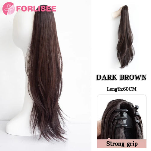 alt="FORLISEE synthetic grab clip ponytail extension 60cm natural black straight hairpiece"