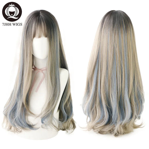 alt="7JHH long straight layered lolita wig with bangs in blue brown black ombre purple"