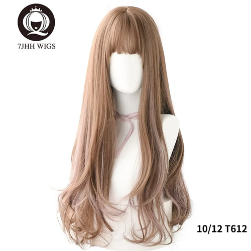 alt="7JHH long straight layered lolita wig with bangs in blue brown black ombre purple"
