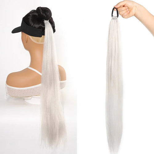 28-Inch Straight Synthetic Ponytail Extension – Elastic Hair Rope Wrap for Women