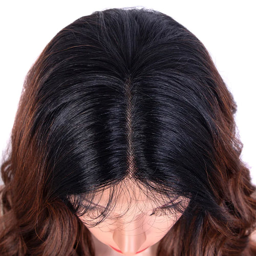alt="Long wavy cosplay wig 30 inch synthetic lace with baby hair ombre blonde brown"