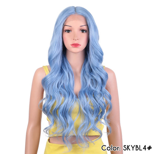 alt="Long wavy cosplay wig 30 inch synthetic lace with baby hair ombre blonde brown"