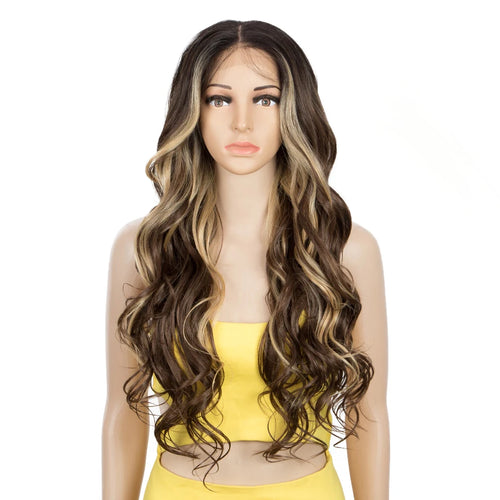 alt="Long wavy cosplay wig 30 inch synthetic lace with baby hair ombre blonde brown"