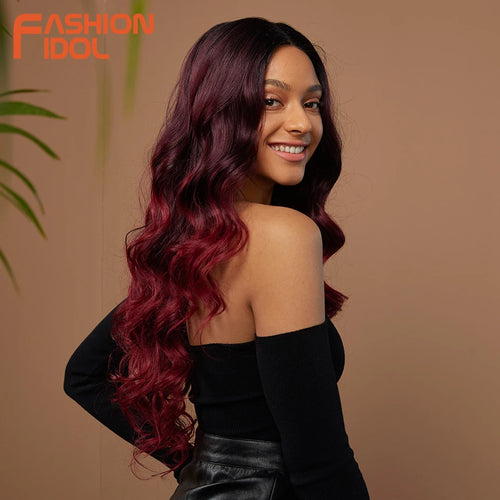 alt="Long wavy cosplay wig 30 inch synthetic lace with baby hair ombre blonde brown"