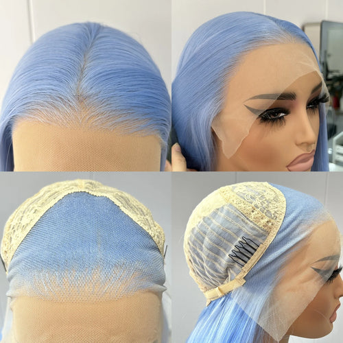 alt="Heat resistant sky blue synthetic wig long straight silky hair free part for women"