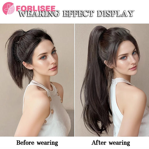 alt="FORLISEE synthetic grab clip ponytail extension 60cm natural black straight hairpiece"