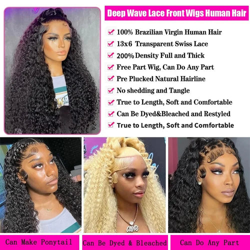 alt="13x6 deep wave human hair wig 32 inch pre-plucked natural color 200% density curly style"