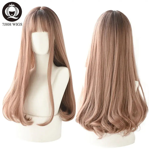 alt="7JHH long straight layered lolita wig with bangs in blue brown black ombre purple"