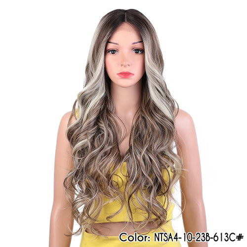 alt="Long wavy cosplay wig 30 inch synthetic lace with baby hair ombre blonde brown"