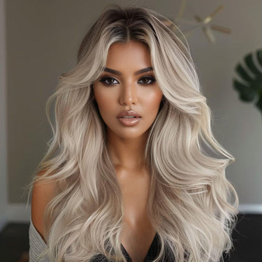 alt="Long wavy 13x4 human hair blend wig HD lace free part ombre light platinum blonde"