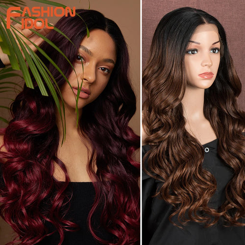 alt="Long wavy cosplay wig 30 inch synthetic lace with baby hair ombre blonde brown"