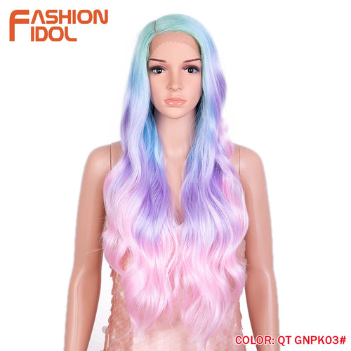alt="Long wavy cosplay wig 30 inch synthetic lace with baby hair ombre blonde brown"