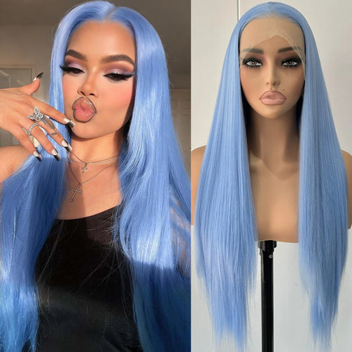 alt="Heat resistant sky blue synthetic wig long straight silky hair free part for women"