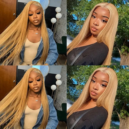 Honey Blonde Wigs Human Hair Bone Straight Wigs 13x6 HD Transparent Lace Front Human Hair Wigs #27 Honey Blonde Colored Wig