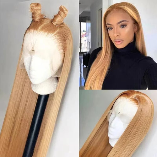 Honey Blonde Wigs Human Hair Bone Straight Wigs 13x6 HD Transparent Lace Front Human Hair Wigs #27 Honey Blonde Colored Wig