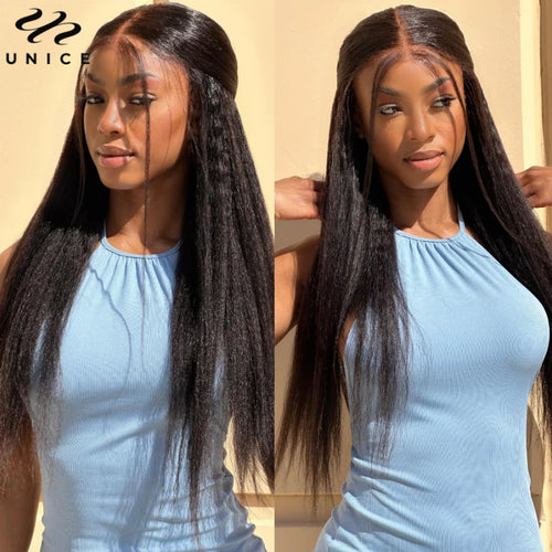 UNice Hair Pre Everything 7x5 13x4 Yaki Straight Wig Pre Plucked Pre Cut Pre Bleached Glueless Wig Human Hair Ready To Wear 150%