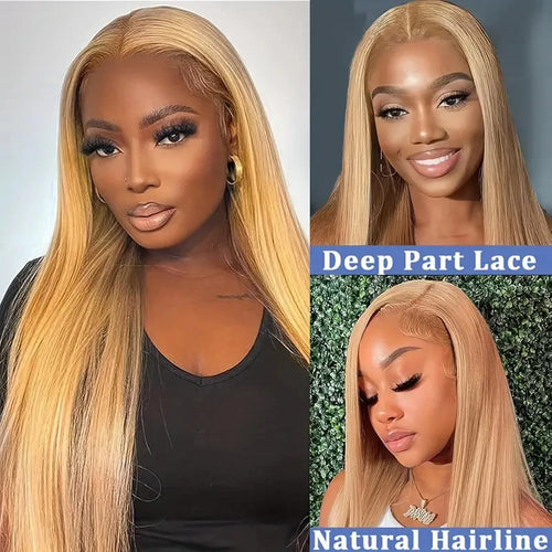 Honey Blonde Wigs Human Hair Bone Straight Wigs 13x6 HD Transparent Lace Front Human Hair Wigs #27 Honey Blonde Colored Wig