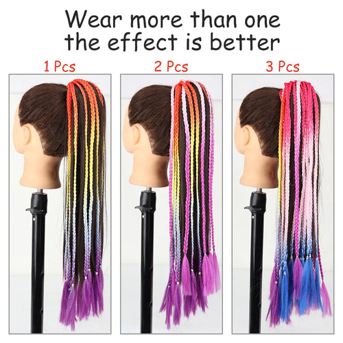 AZQUEEN Synthetic Rainbow Color Braided Ponytail For Girls Hair Elastic Rubber Band 60CM Braid Pony Tail Hair Extensions