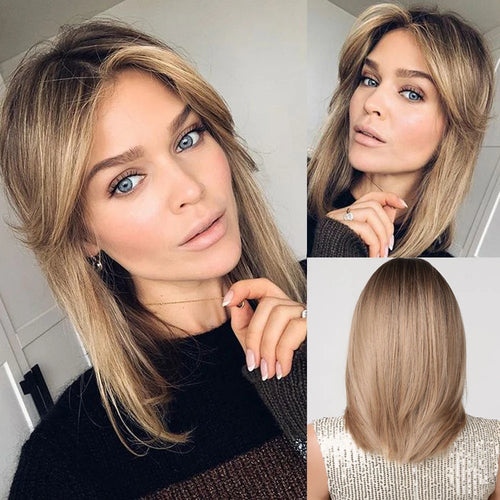 Short Layered Synthetic Wig Ombre Brown Medium Length Straight Natural Looking Hair Wig with Bangs Heat Resistant for Women Afro