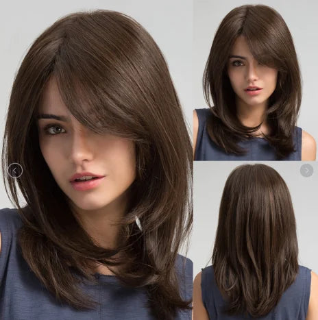 Short Layered Synthetic Wig Ombre Brown Medium Length Straight Natural Looking Hair Wig with Bangs Heat Resistant for Women Afro