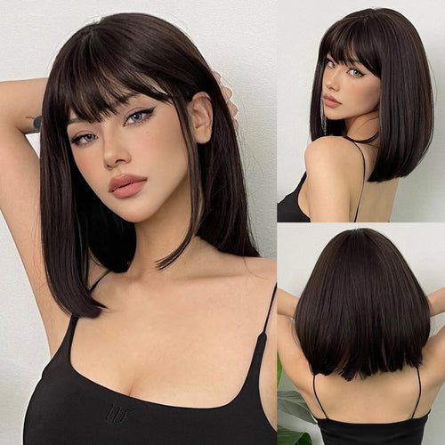 Short Layered Synthetic Wig Ombre Brown Medium Length Straight Natural Looking Hair Wig with Bangs Heat Resistant for Women Afro