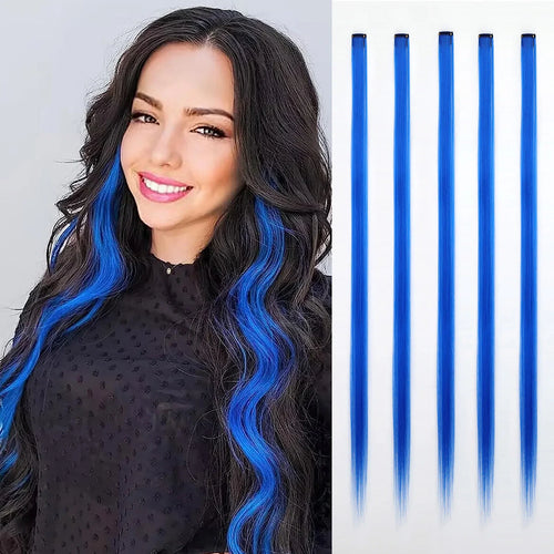 Synthetic 5PC Colored Hair Extensions 22Inch Straight Clip in Christmas Extension Rainbow Party Highlights Hairpiece for Girls