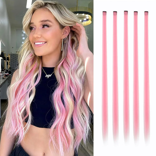 Synthetic 5PC Colored Hair Extensions 22Inch Straight Clip in Christmas Extension Rainbow Party Highlights Hairpiece for Girls