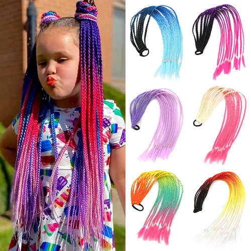 AZQUEEN Synthetic Rainbow Color Braided Ponytail For Girls Hair Elastic Rubber Band 60CM Braid Pony Tail Hair Extensions