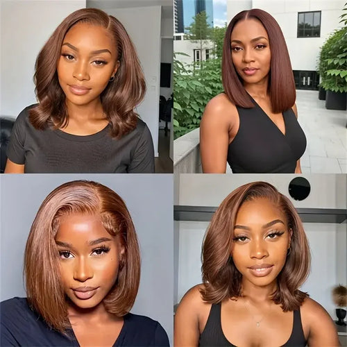 200 densityBrazilian Human Hair  Chocolate Brown Short Bob Bone Straight 13x4 HD Transparent Lace Front Human Hair Wig For Women