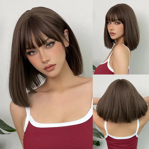 Short Layered Synthetic Wig Ombre Brown Medium Length Straight Natural Looking Hair Wig with Bangs Heat Resistant for Women Afro