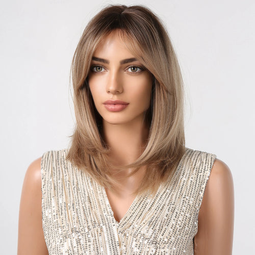 Short Layered Synthetic Wig Ombre Brown Medium Length Straight Natural Looking Hair Wig with Bangs Heat Resistant for Women Afro