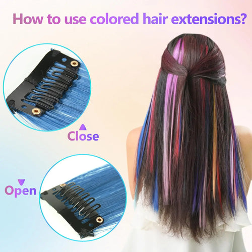 Synthetic 5PC Colored Hair Extensions 22Inch Straight Clip in Christmas Extension Rainbow Party Highlights Hairpiece for Girls