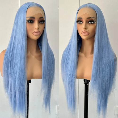 alt="Heat resistant sky blue synthetic wig long straight silky hair free part for women"