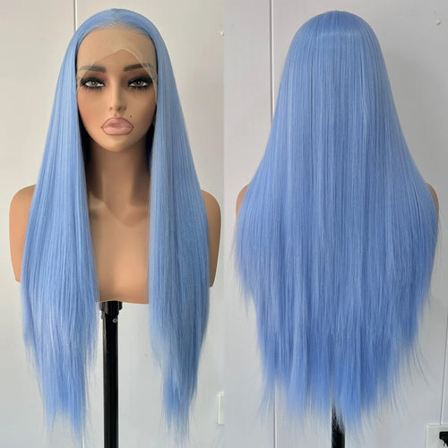 alt="Heat resistant sky blue synthetic wig long straight silky hair free part for women"