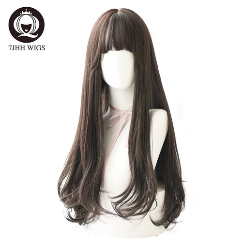 alt="7JHH long straight layered lolita wig with bangs in blue brown black ombre purple"