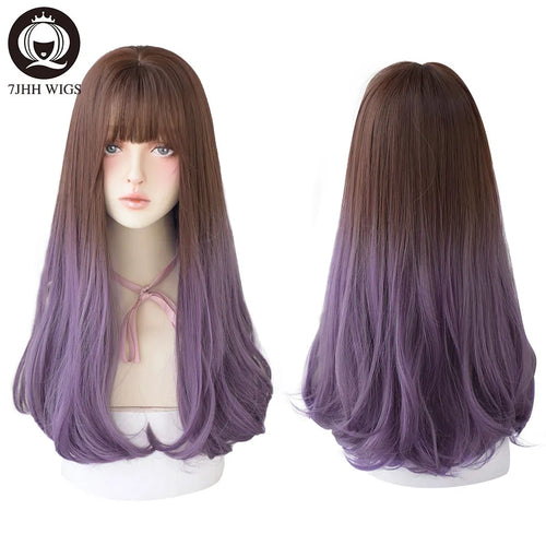alt="7JHH long straight layered lolita wig with bangs in blue brown black ombre purple"