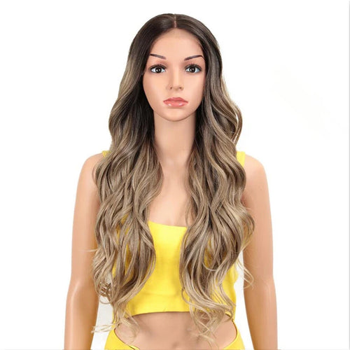 alt="Long wavy cosplay wig 30 inch synthetic lace with baby hair ombre blonde brown"