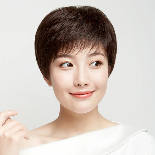 PAGEUP Short Hair Wig Natural Black With Bangs Soft And Realistic Hair Natural Fluffy Middle-aged And Elderly Ladies Mother Wig